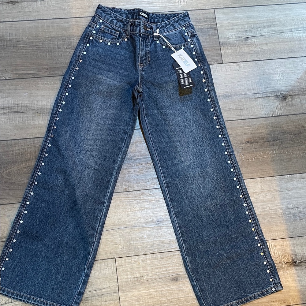 Katie J NYC Blue Wide Leg Jeans with Studded Detail